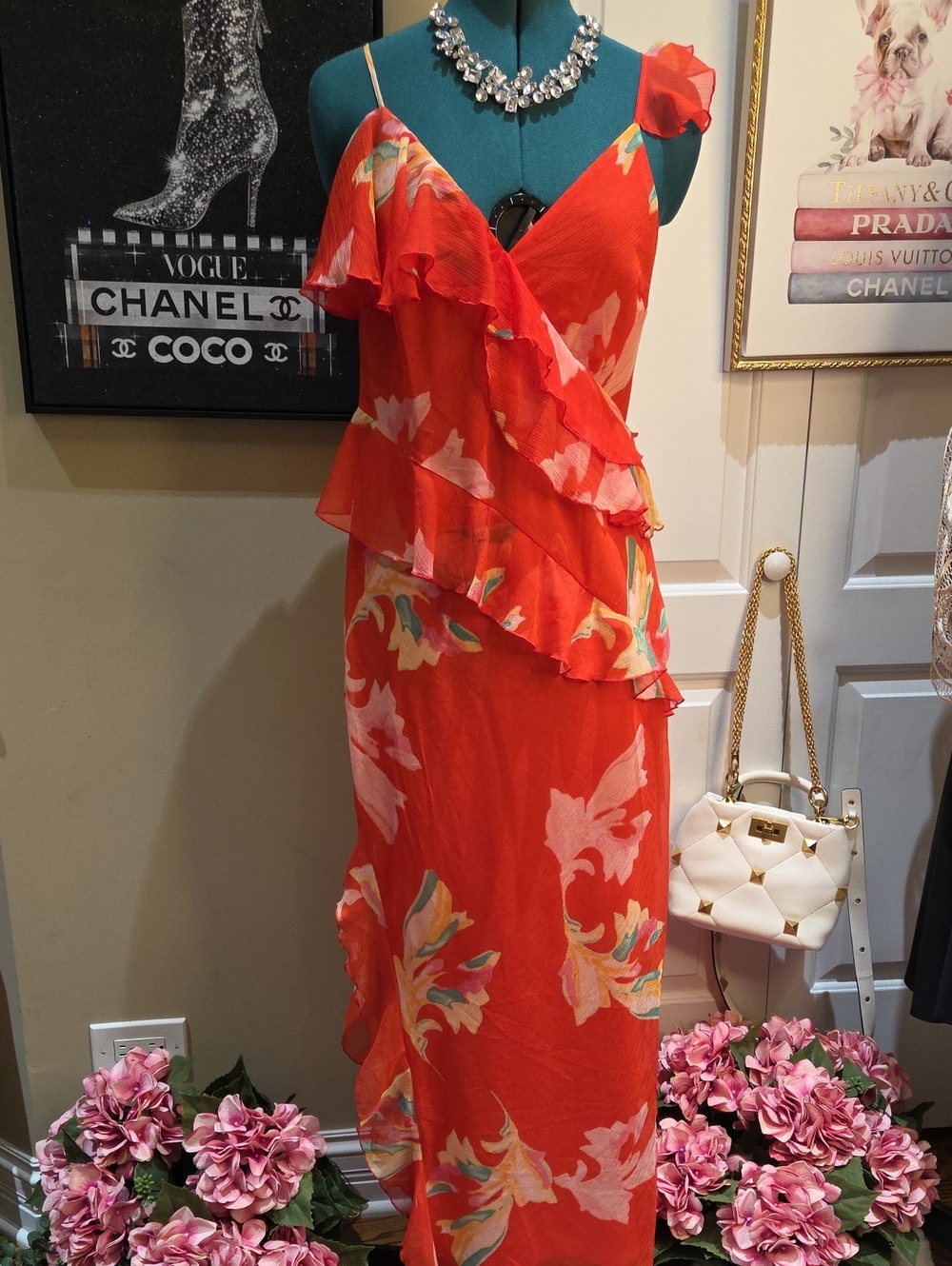 Red Floral Ruffle Maxi Dress with Spaghetti Straps